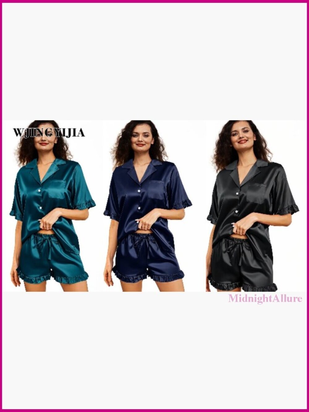 Silk Satin Pajama Set with Cami Top, Ruffle Trim, XS-4XL - Picture 6 of 6